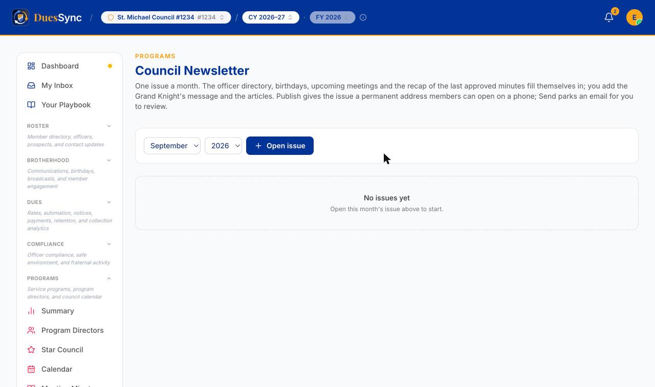 The Council Newsletter page with the month picker and the Open issue button