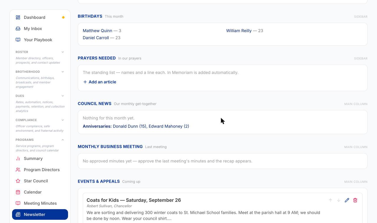 The auto-filled Council Officers, Birthdays, Council News and Monthly Business Meeting sections