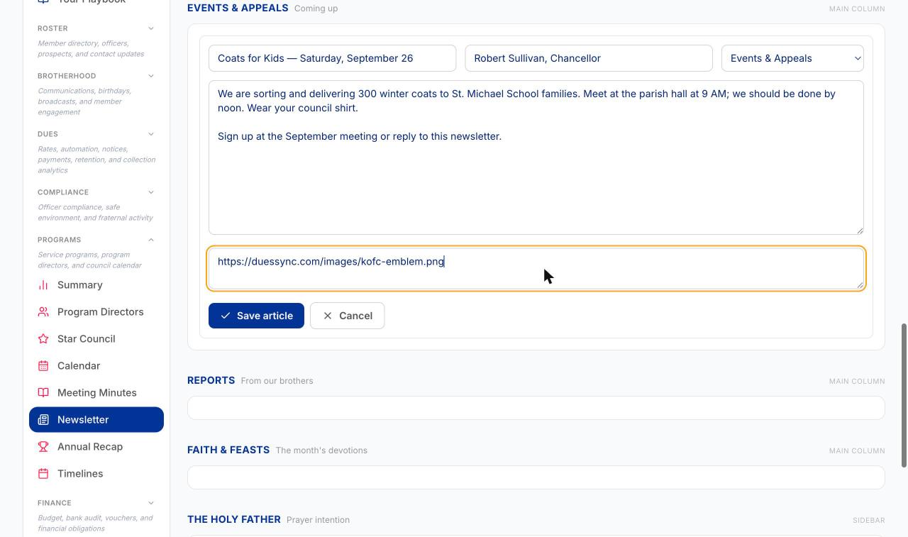 An Events & Appeals article with a photo link pasted into the Image links box