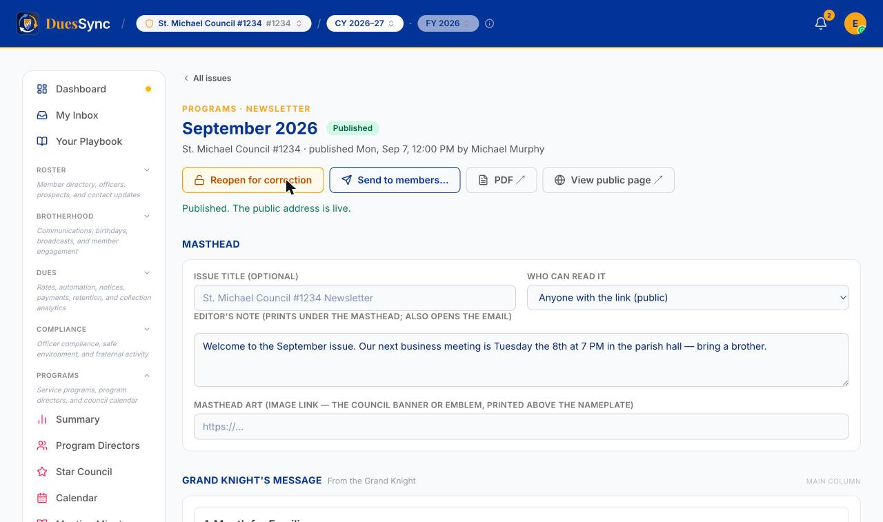 The published issue with Reopen for correction, Send to members, PDF and View public page buttons