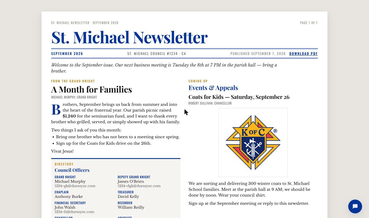 The public newsletter page: nameplate, editor's note, the Grand Knight's message with a drop cap, and the officer directory