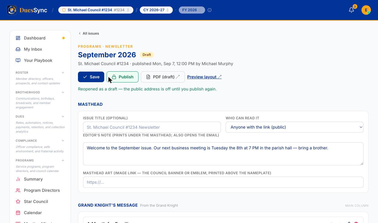 A reopened issue back in Draft, with the notice that the public address is off until it is published again