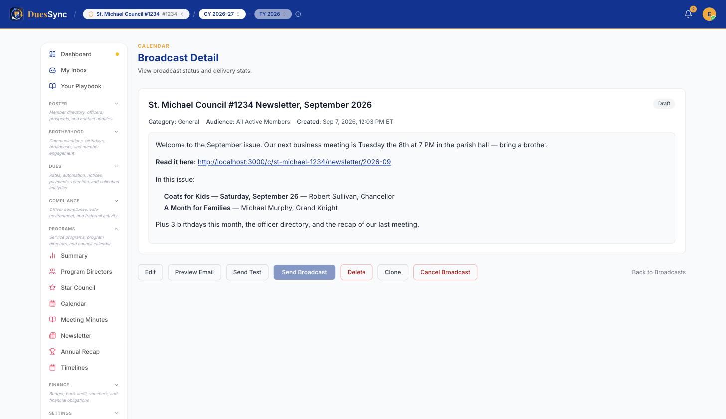 The broadcast draft with Preview Email, Send Test and Send Broadcast buttons