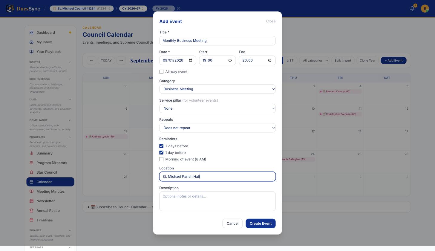The Add Event form with the category set to Business Meeting
