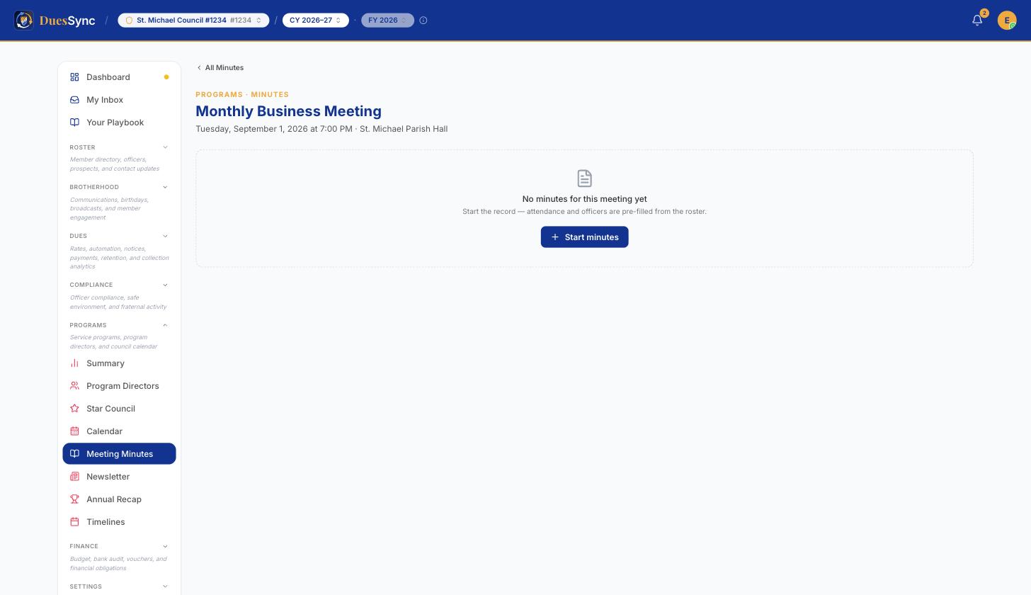 The meeting page before minutes exist, with the Start minutes button