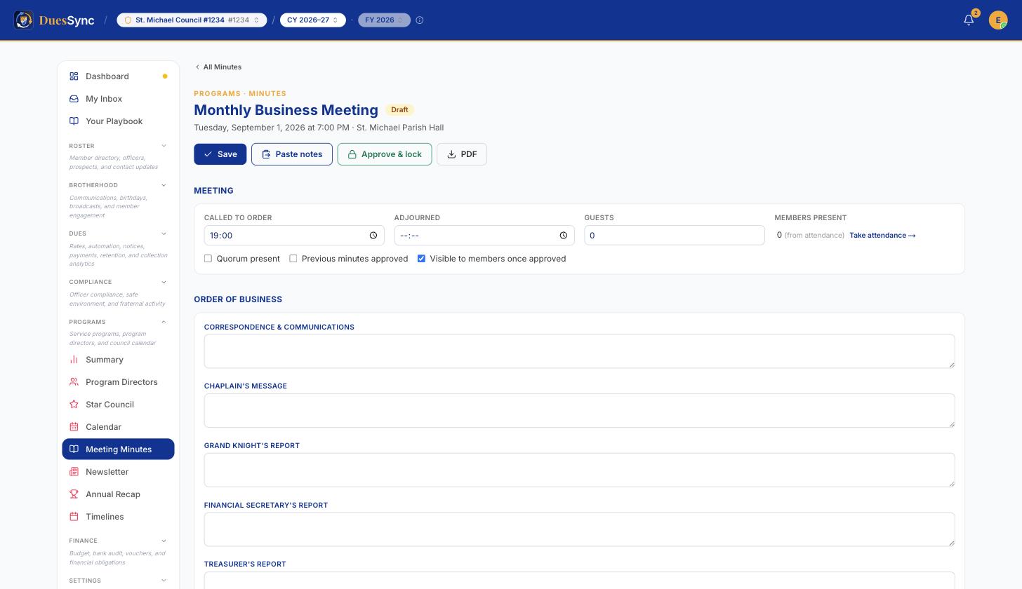 The Meeting card: called to order, adjourned, guests, members present, quorum and previous-minutes checkboxes