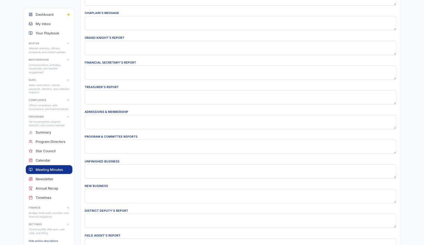 The Order of Business sections, each a plain text box