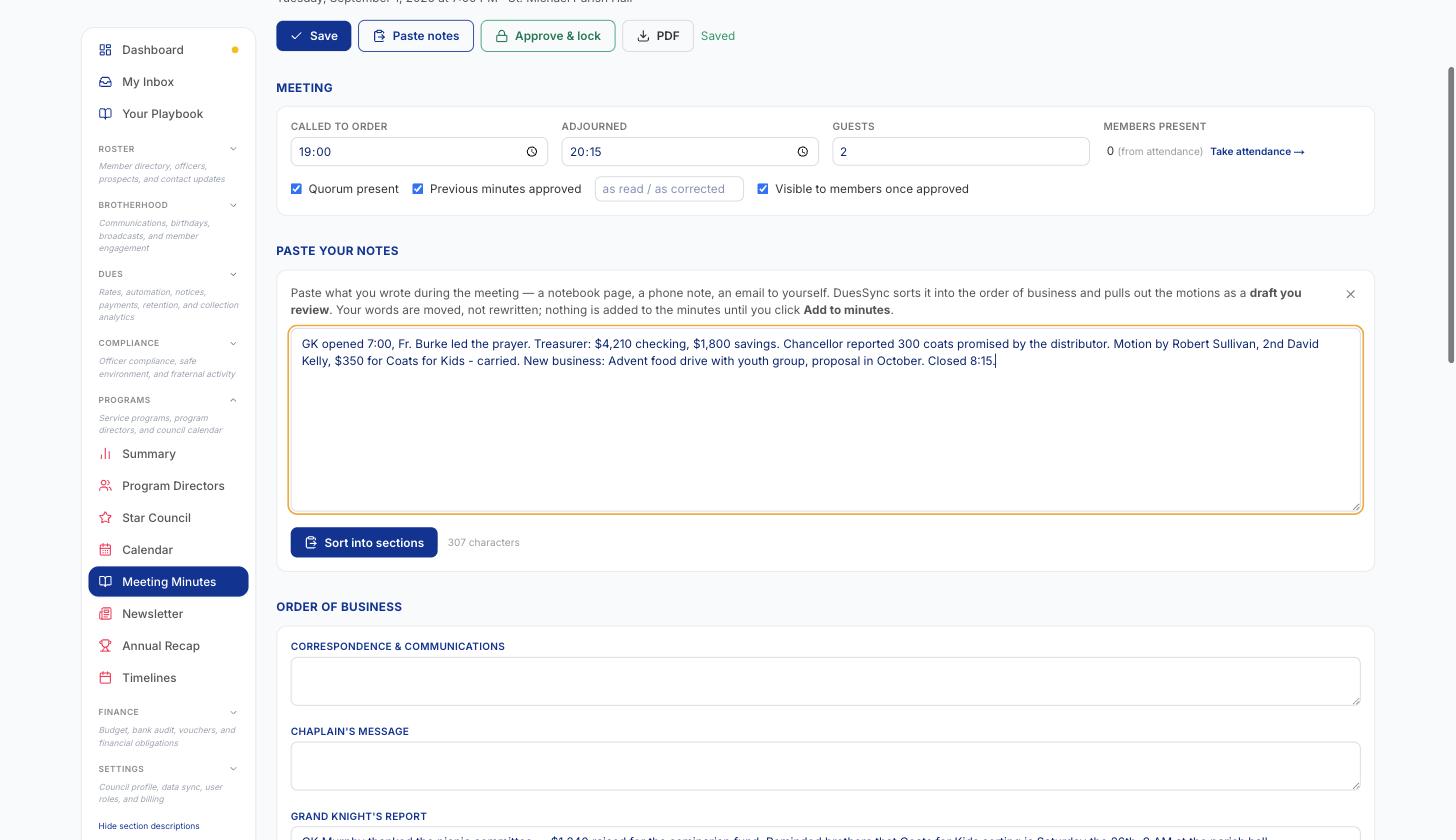 The Paste your notes box with a page of raw meeting notes ready to sort