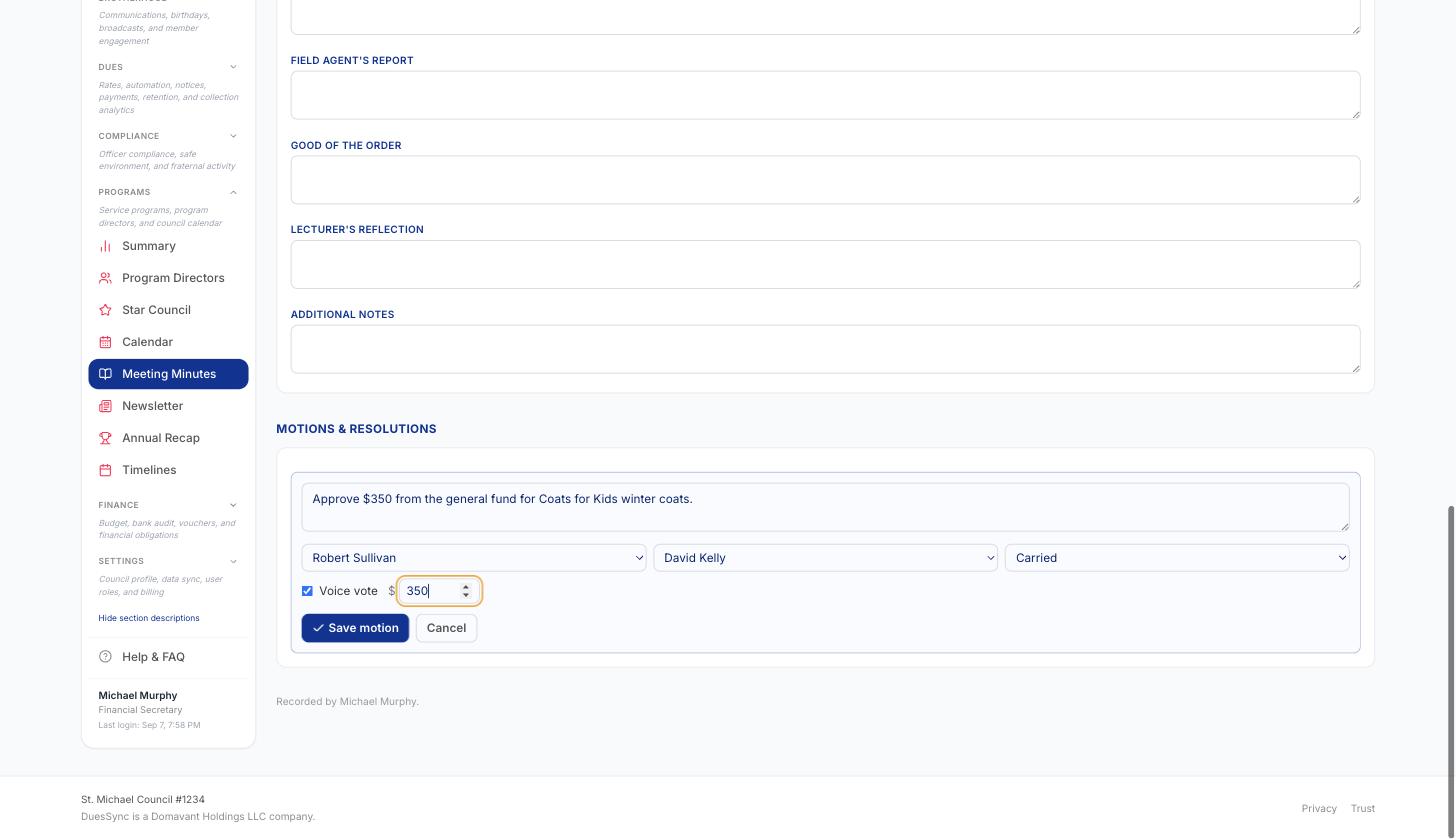 The Add motion form filled in: text, moved by, seconded by, disposition and amount
