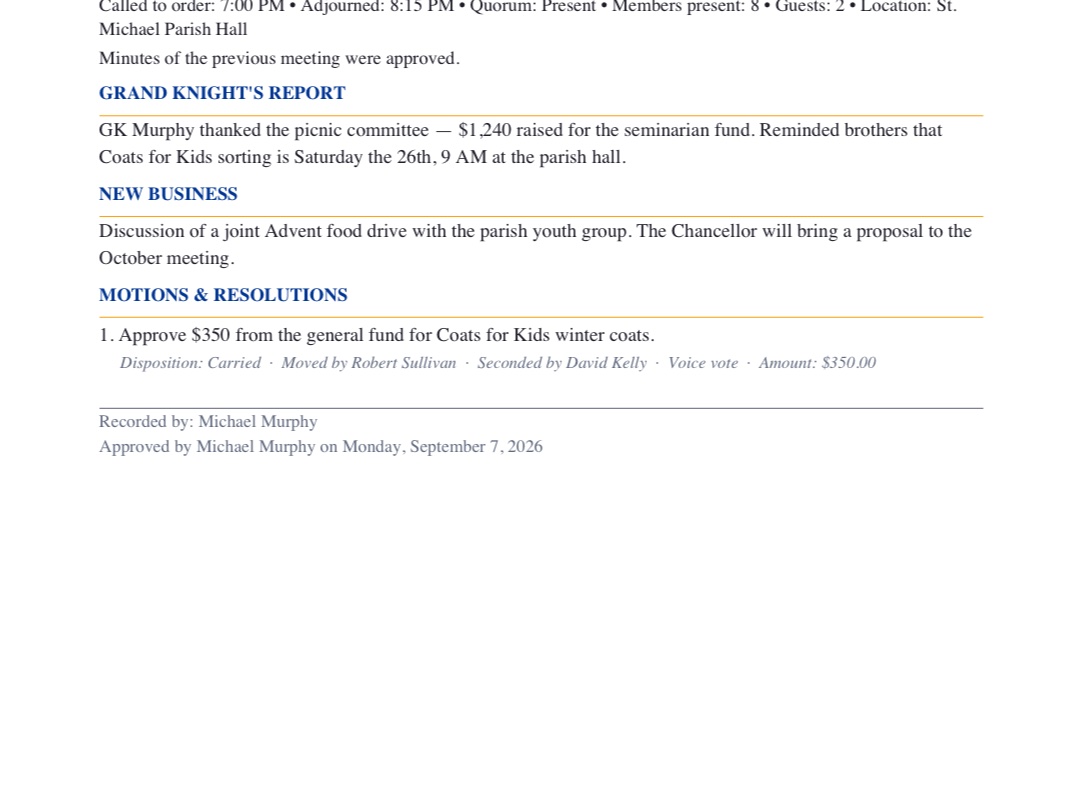 The minute-book PDF page: meeting mechanics, the reports read, motions with disposition, and the approval line